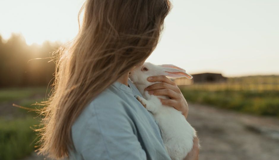 Alice Wegmann abraçando um coelho branco em um campo ensolarado, transmitindo serenidade.