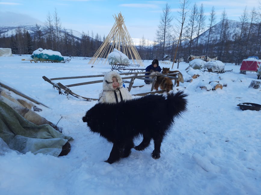 Duas crianças brincam na neve com renas em uma paisagem de inverno no Yamal.