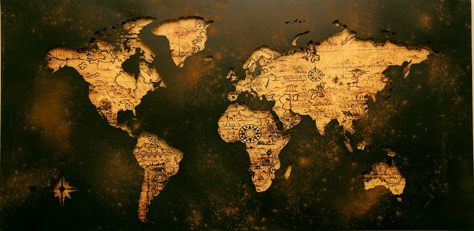 Um mapa detalhado do mundo com textura de papel antigo, representando o 3i atlas.