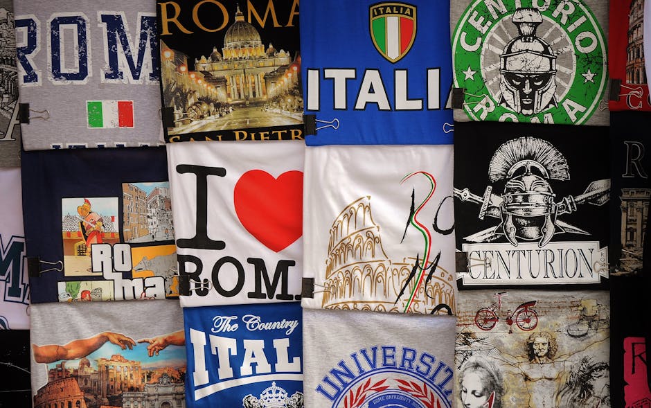Uma coleção vibrante de camisetas gráficas com temas italianos, exibindo designs clássicos e marcos icônicos de Leonardo da Vinci.